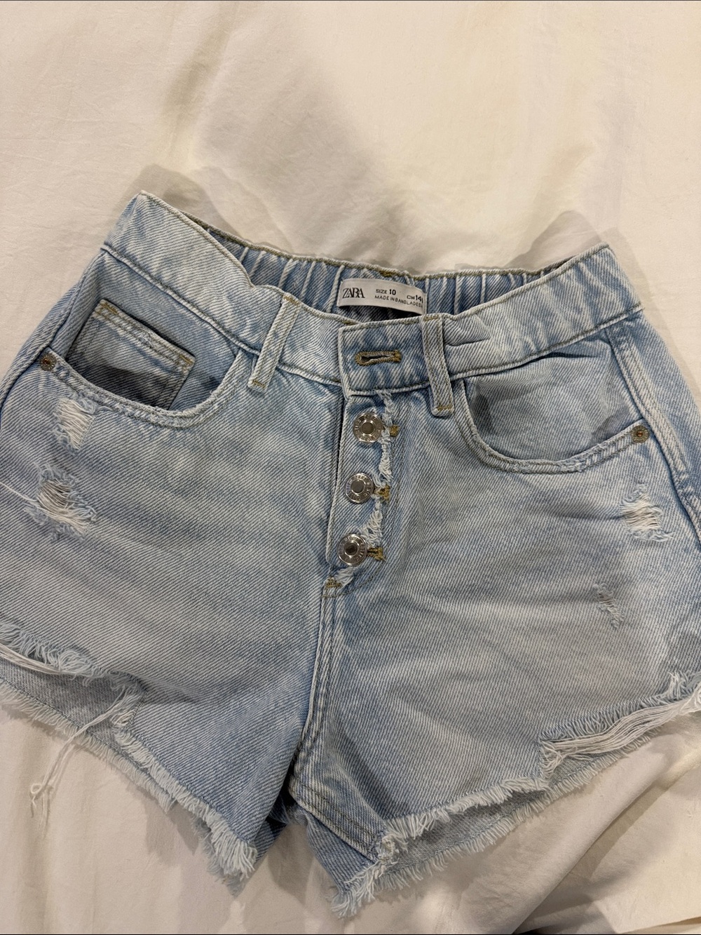 Zara Light Blue Distressed Button-Fly Denim Shorts